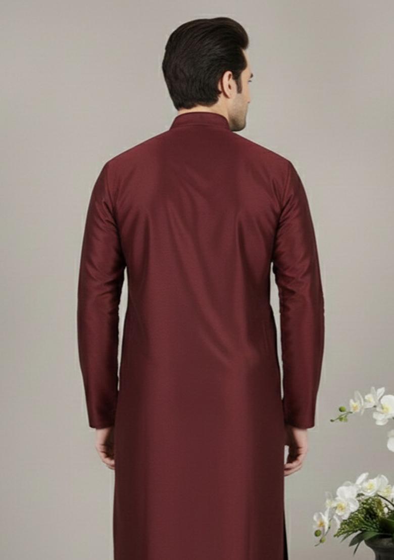 Maroon Embroidery Silk Kurta For Men - Indya