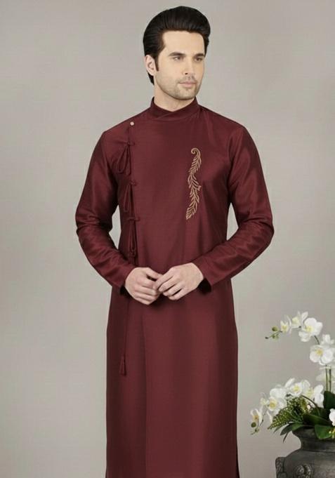 Maroon Embroidery Silk Kurta For Men