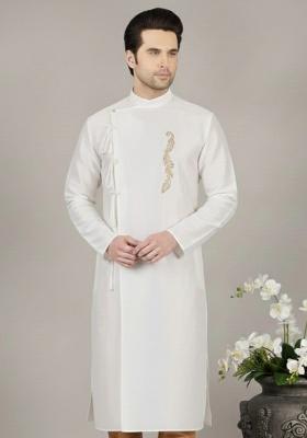White Embroidery Silk Kurta For Men
