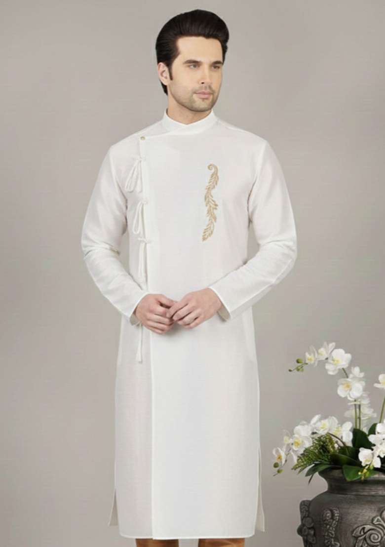 White Embroidery Silk Blend Kurta For Men - Indya