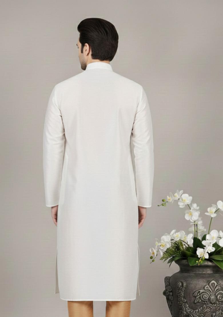 White Embroidery Silk Kurta For Men - Indya
