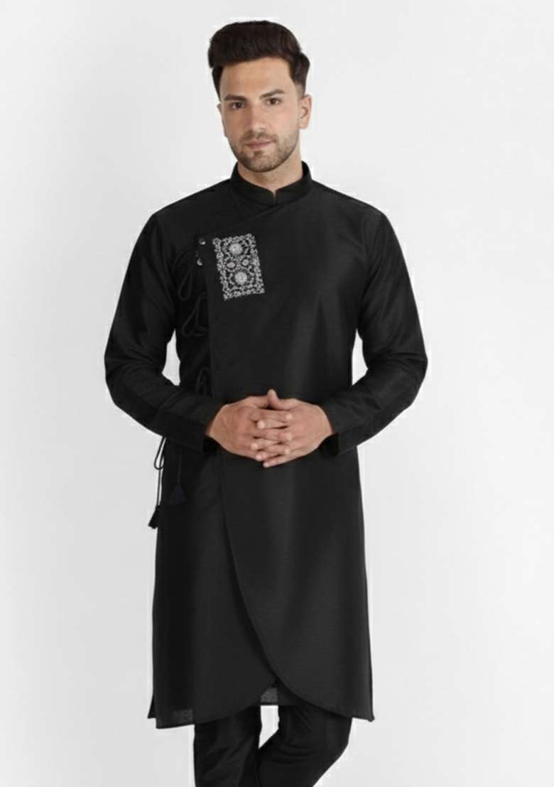 Navy Blue Embroidery Silk Blend Kurta For Men - Indya