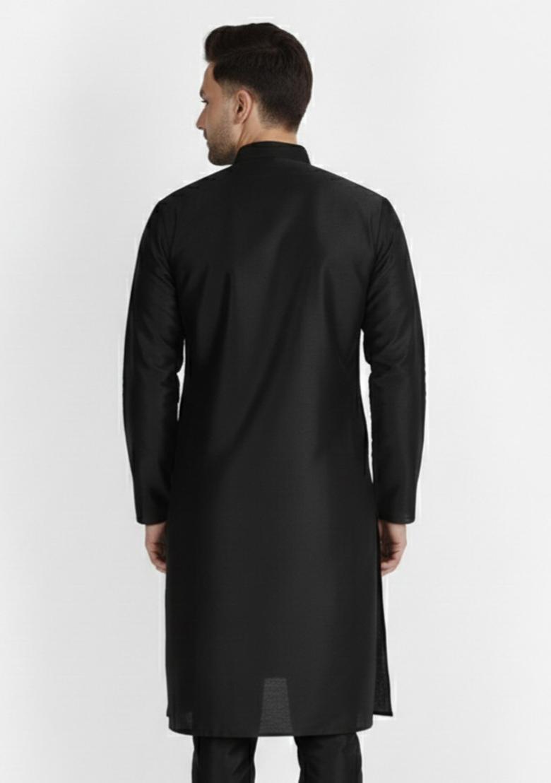 Navy Blue Embroidery Silk Kurta For Men - Indya