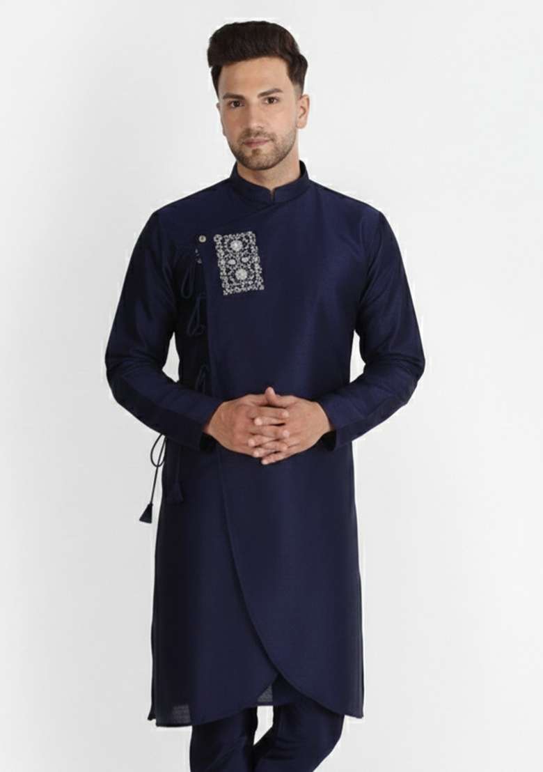 Black Embroidery Silk Blend Kurta For Men - Indya