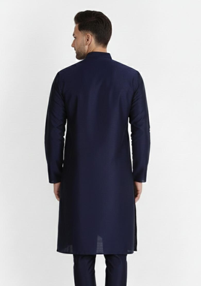 Black Embroidery Silk Kurta For Men - Indya