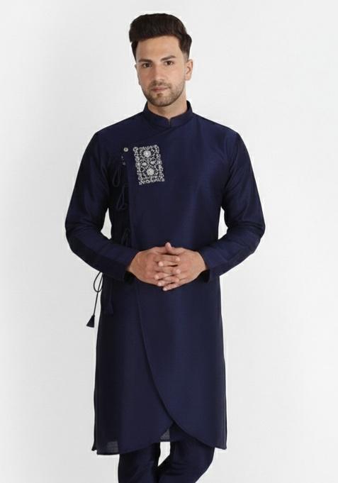 Black Embroidery Silk Kurta For Men