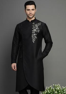 Black Embroidery Silk Kurta For Men