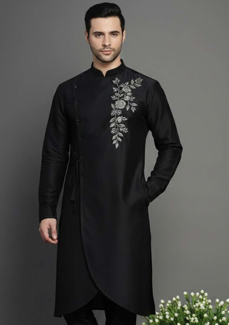 Black Embroidery Silk Blend Kurta For Men - Indya
