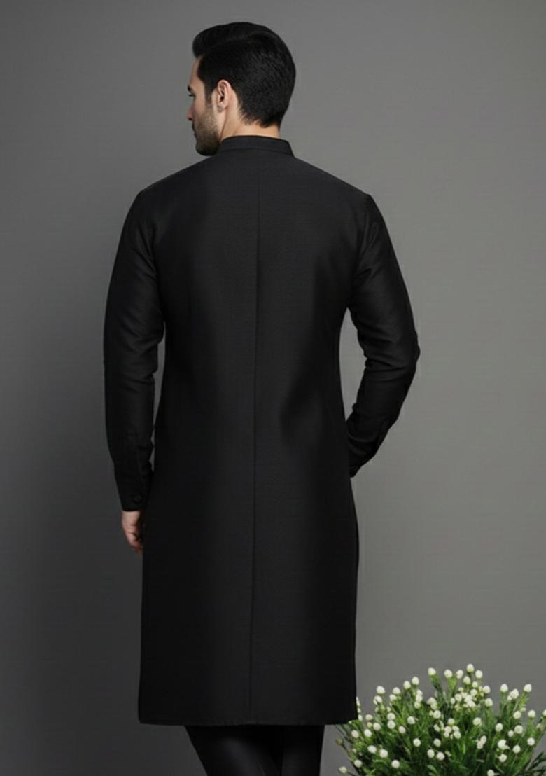 Black Embroidery Silk Kurta For Men - Indya