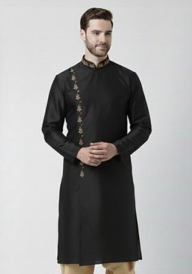 Black Embroidery Silk Kurta For Men