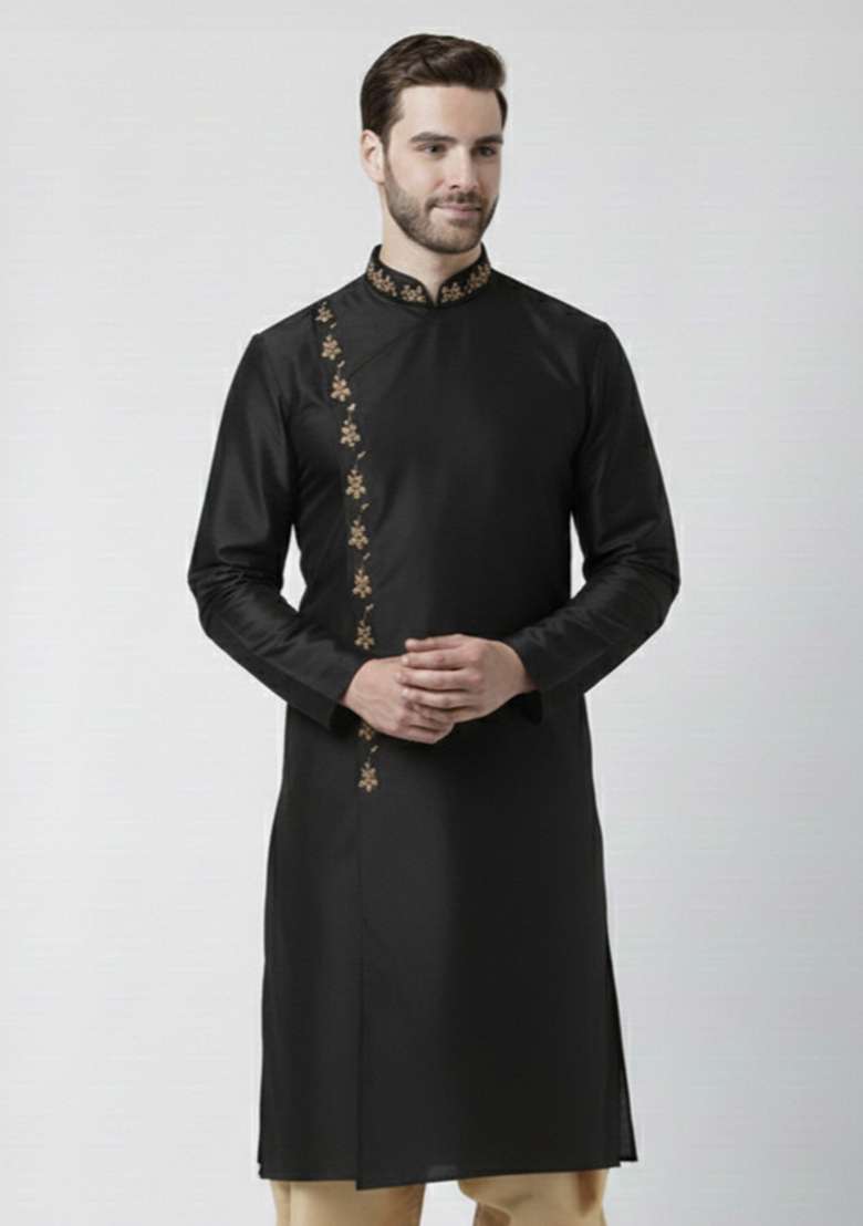 Black Embroidery Silk Blend Kurta For Men - Indya