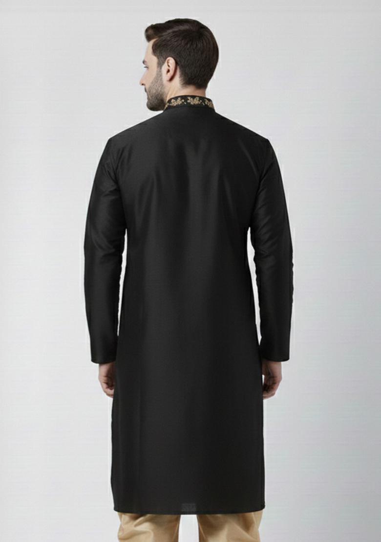 Black Embroidery Silk Kurta For Men - Indya