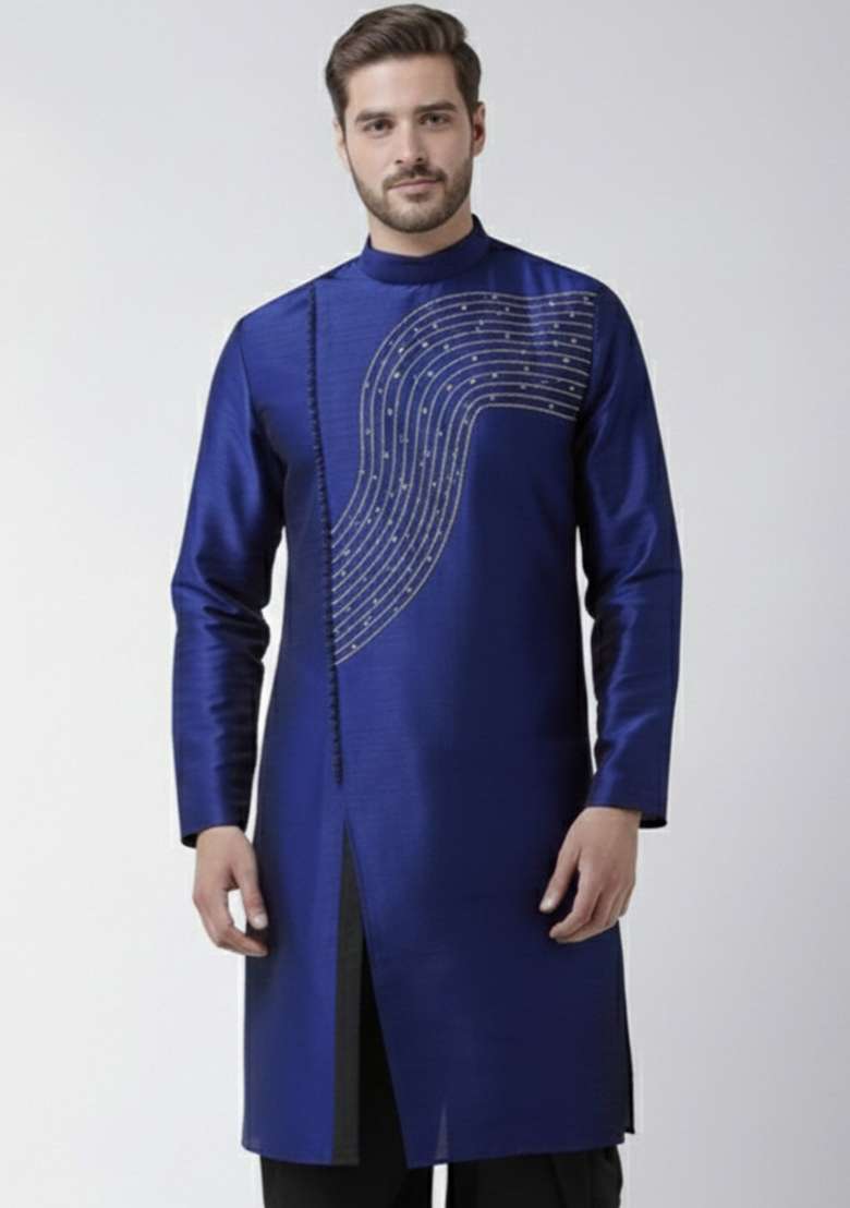 Royal Blue Embroidery Silk Blend Kurta For Men - Indya