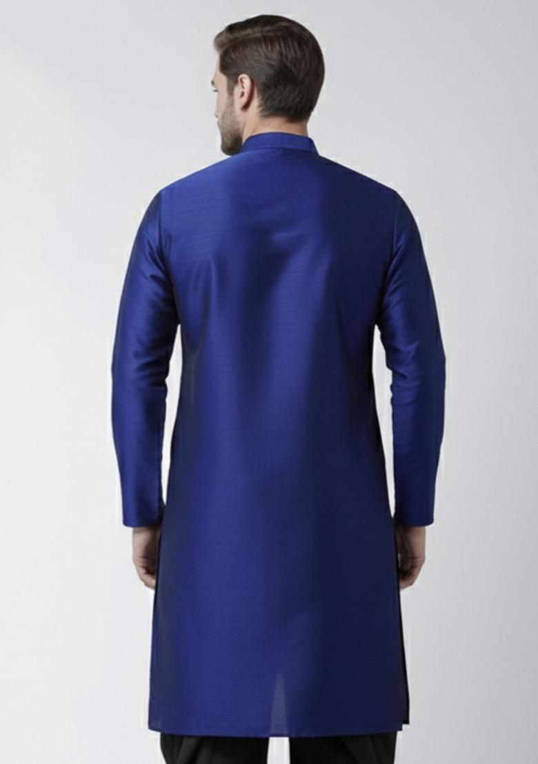 Royal Blue Embroidery Silk Kurta For Men - Indya