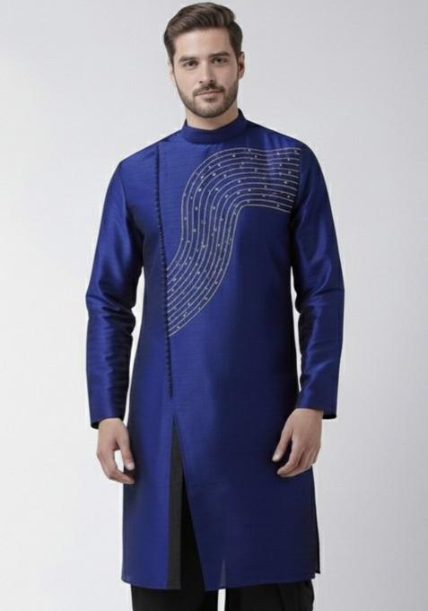 Royal Blue Embroidery Silk Kurta For Men