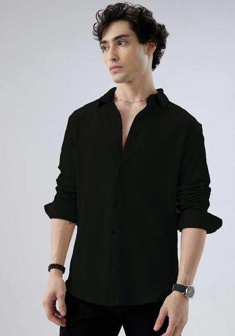 Black Printed Polyester Shirt For Men
