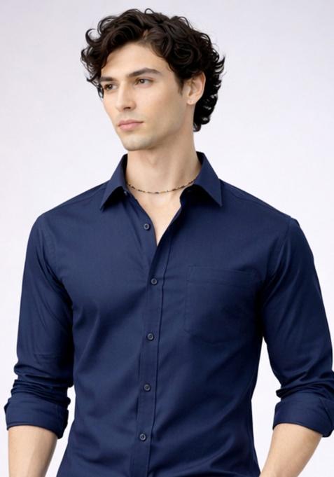 Blue Printed Cotton Shirt For Men