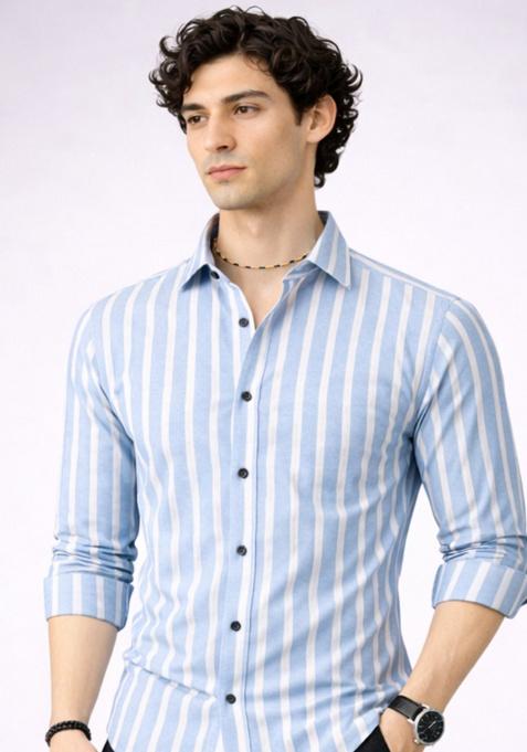 Sky Blue Printed Cotton Shirt For Men
