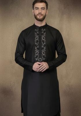 Black Embroidery Cotton Kurta For Men
