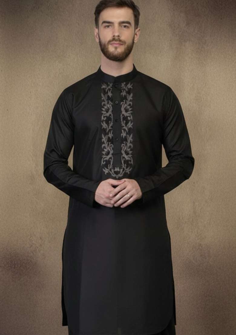 Black Embroidery Cotton Kurta For Men - Indya