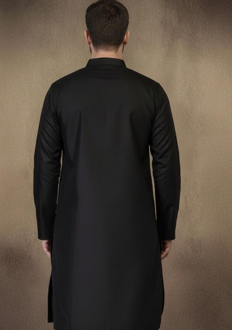 Black Embroidery Cotton Kurta For Men - Indya