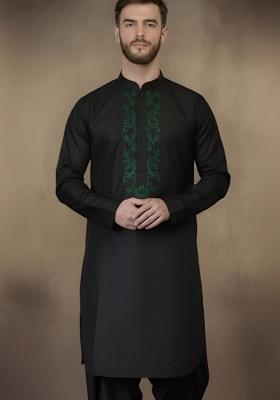 Black Embroidery Cotton Kurta For Men