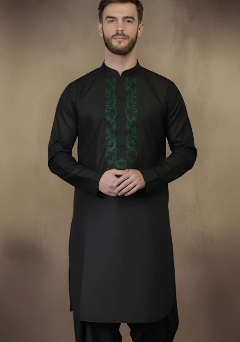 Black Embroidery Cotton Kurta For Men - Indya