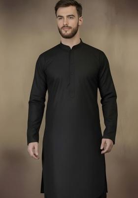 Black Embroidery Cotton Kurta For Men