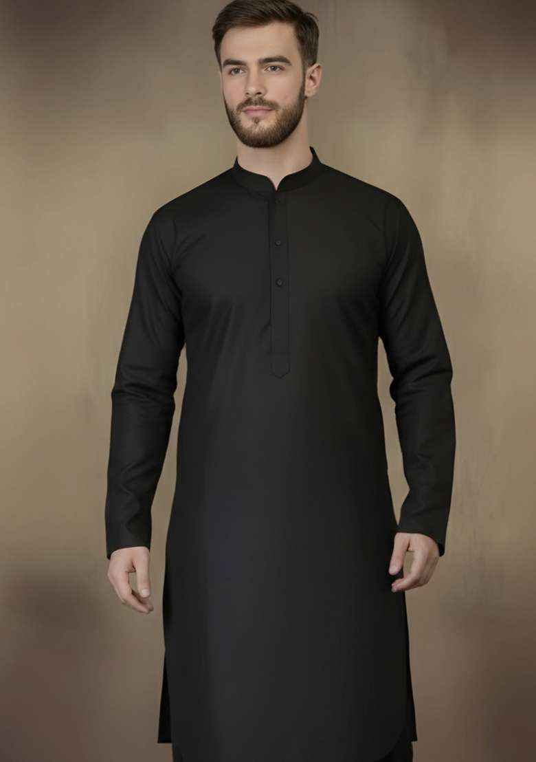 Black Embroidery Cotton Kurta For Men - Indya