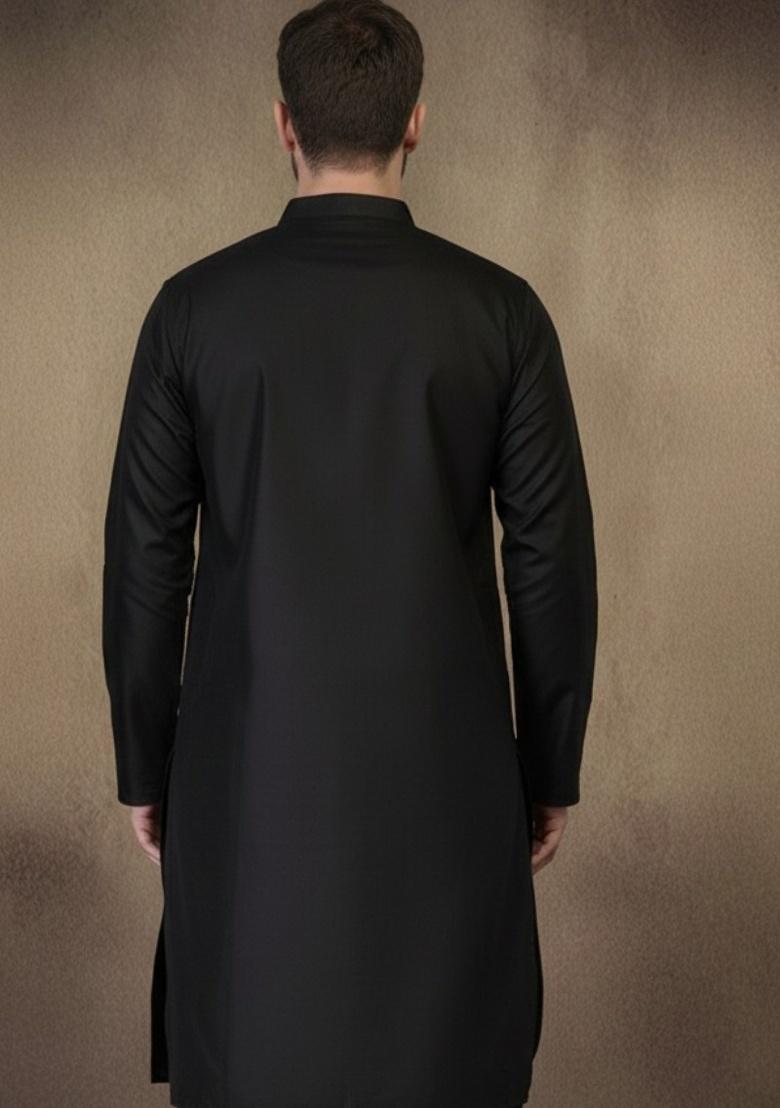 Black Embroidery Cotton Kurta For Men - Indya