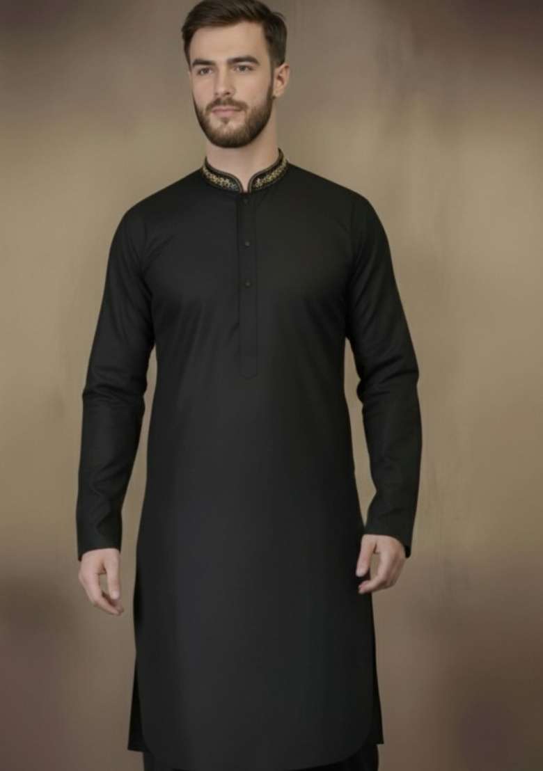 Black Embroidery Cotton Kurta For Men - Indya