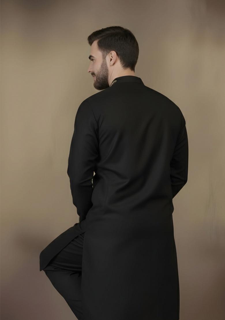 Black Embroidery Cotton Kurta For Men - Indya