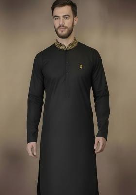 Black Embroidery Cotton Kurta For Men