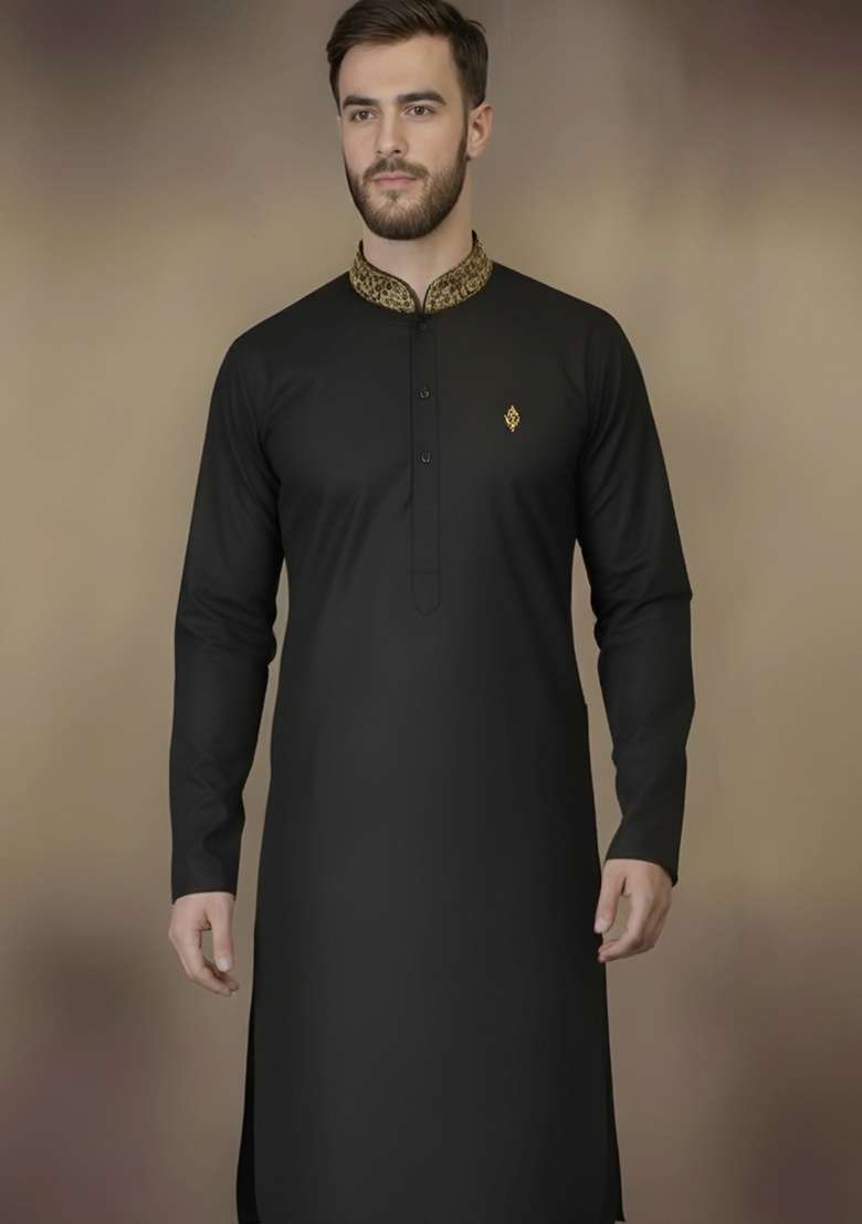 Black Embroidery Cotton Kurta For Men - Indya