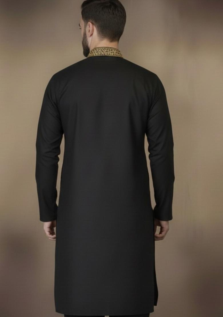 Black Embroidery Cotton Kurta For Men - Indya