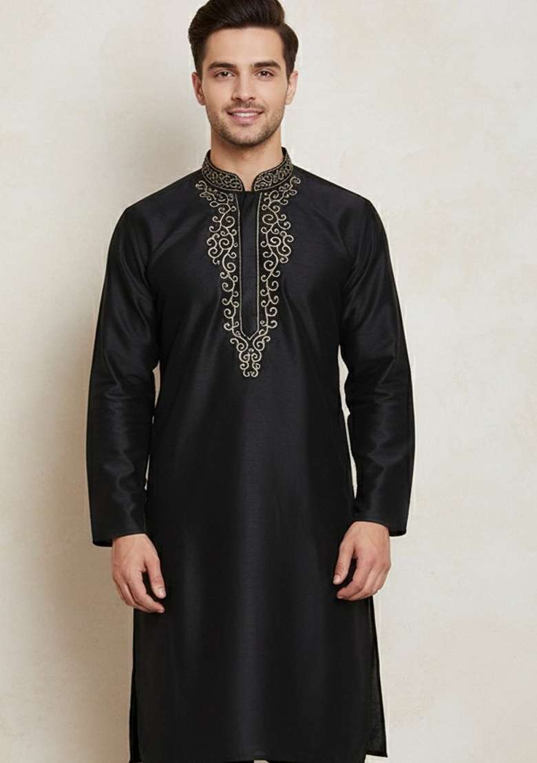 Black Embroidery Cotton Kurta For Men - Indya