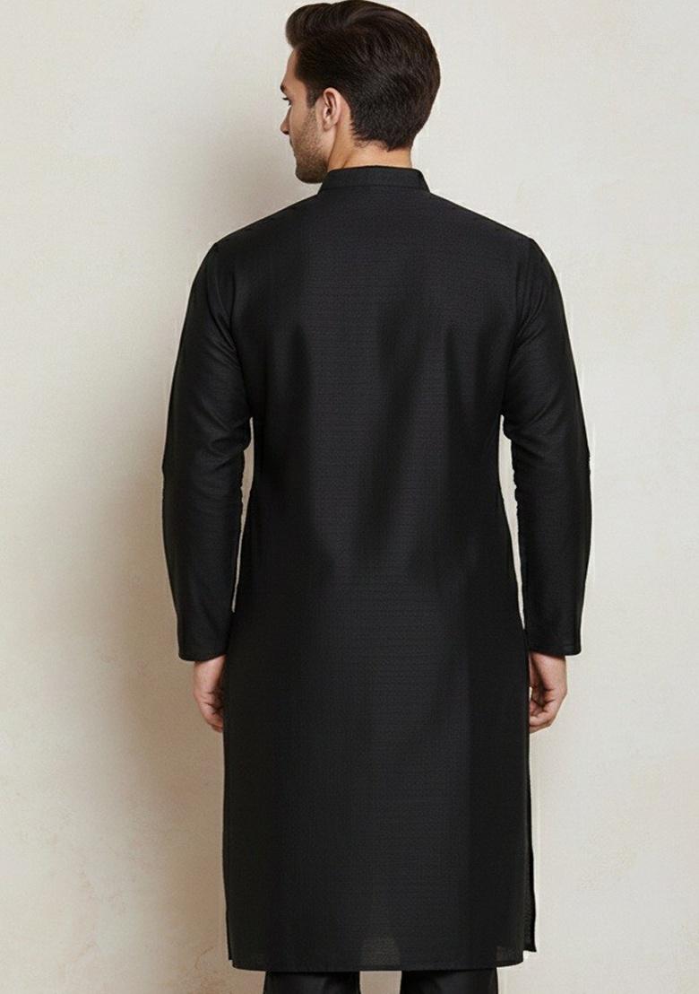 Black Embroidery Cotton Kurta For Men - Indya