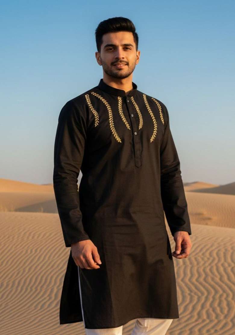 Black Embroidery Cotton Kurta For Men - Indya