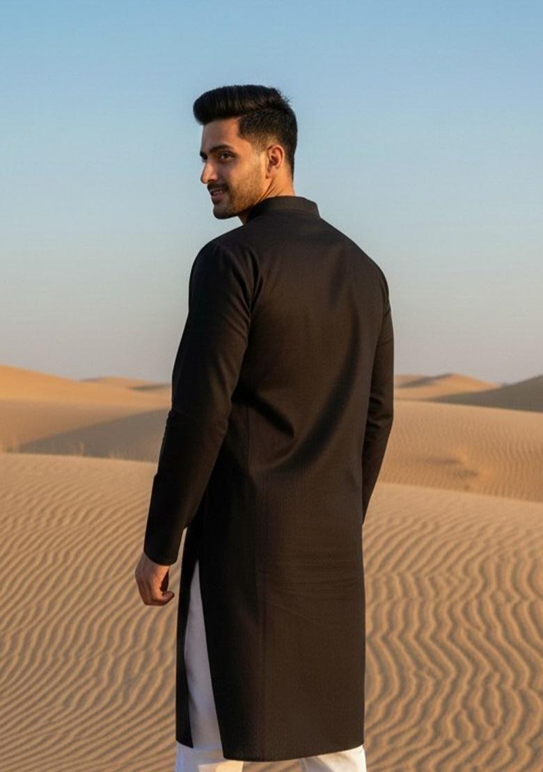 Black Embroidery Cotton Kurta For Men - Indya