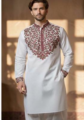 White Embroidery Cotton Kurta For Men