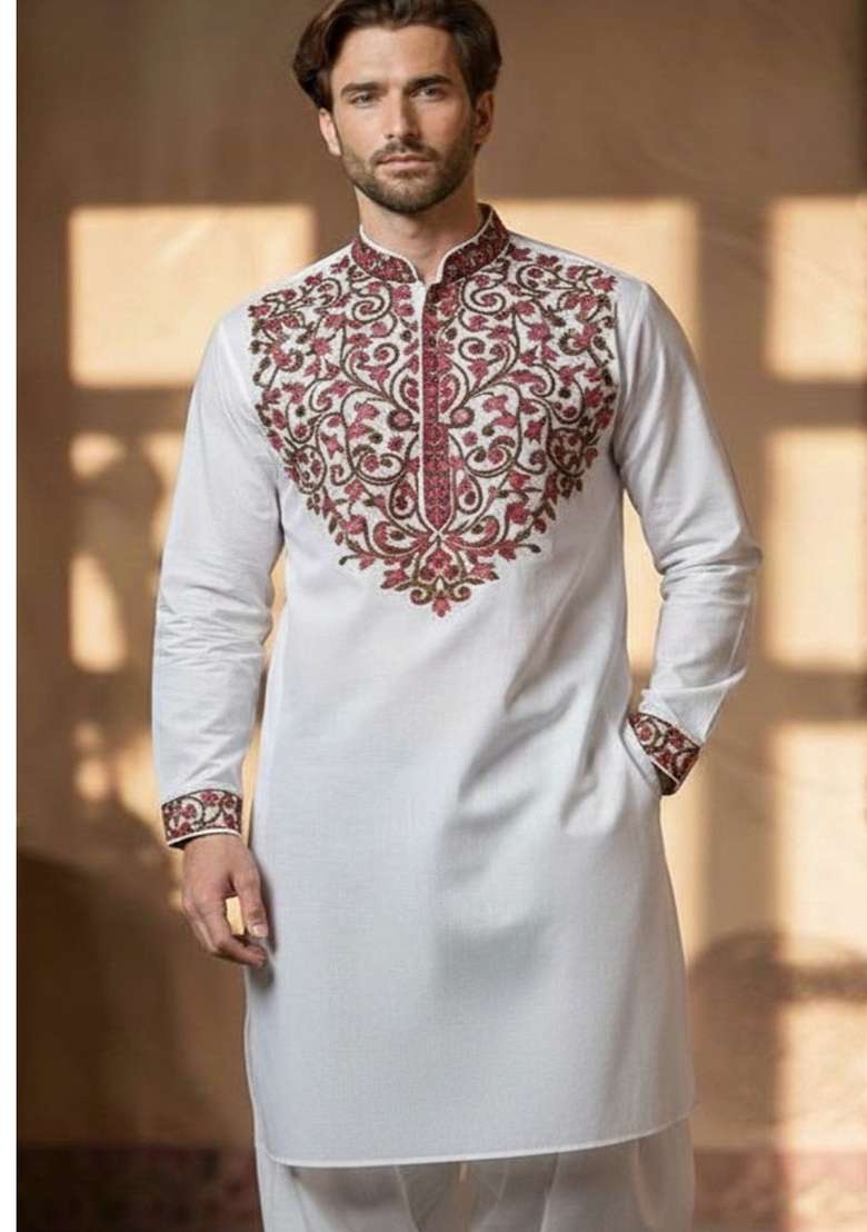 White Embroidery Cotton Kurta For Men - Indya