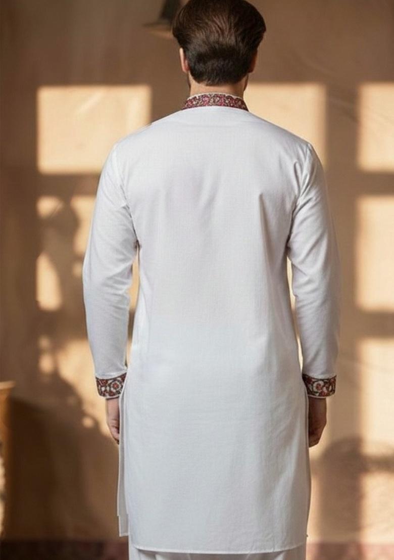 White Embroidery Cotton Kurta For Men - Indya