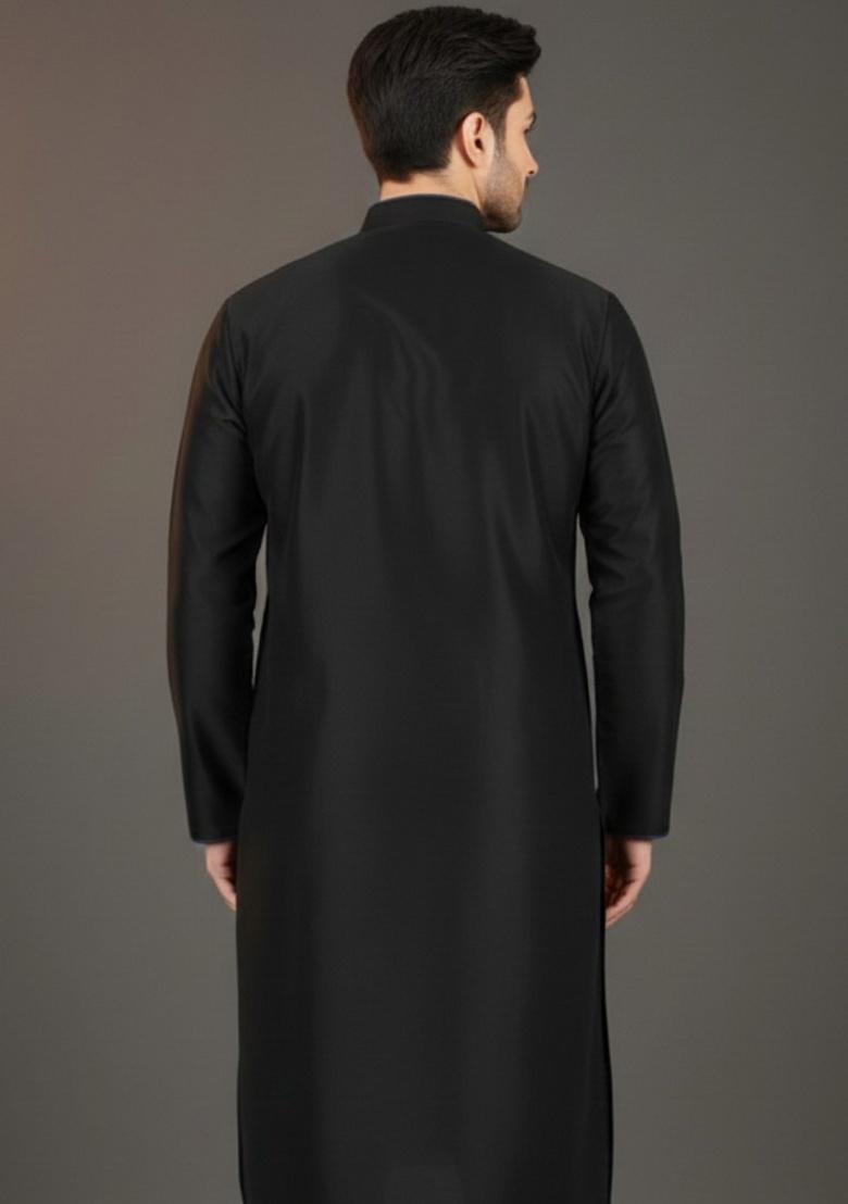 Black Embroidery Silk Kurta For Men - Indya