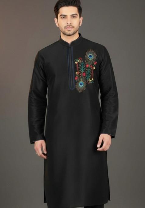 Black Embroidery Silk Blend Kurta For Men
