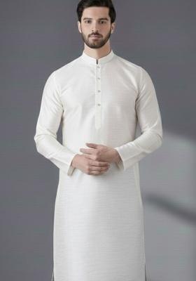 White Embroidery Silk Kurta For Men