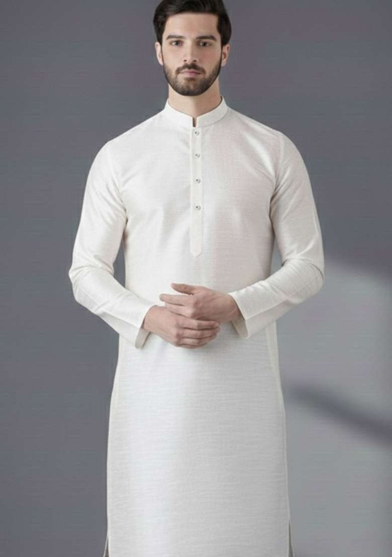 White Embroidery Silk Blend Kurta For Men - Indya