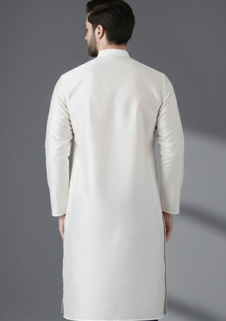 White Embroidery Silk Kurta For Men - Indya