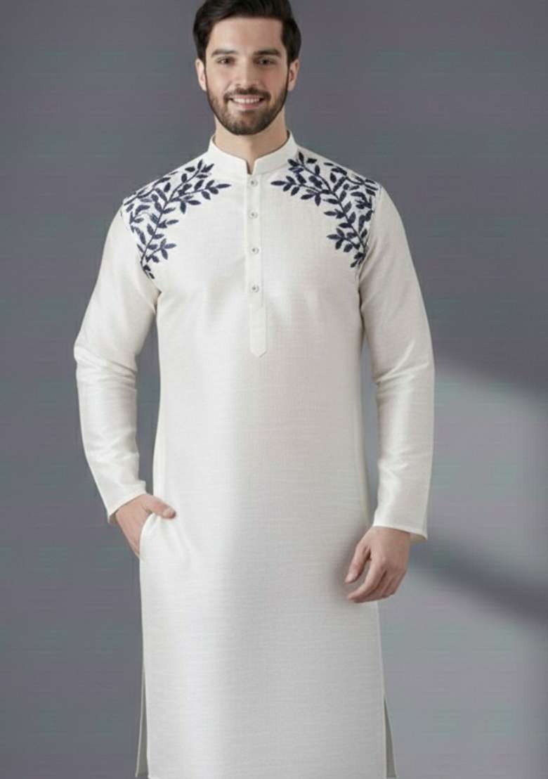 White Embroidery Silk Blend Kurta For Men - Indya