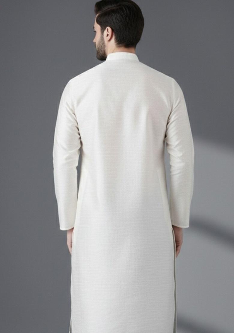 White Embroidery Silk Kurta For Men - Indya