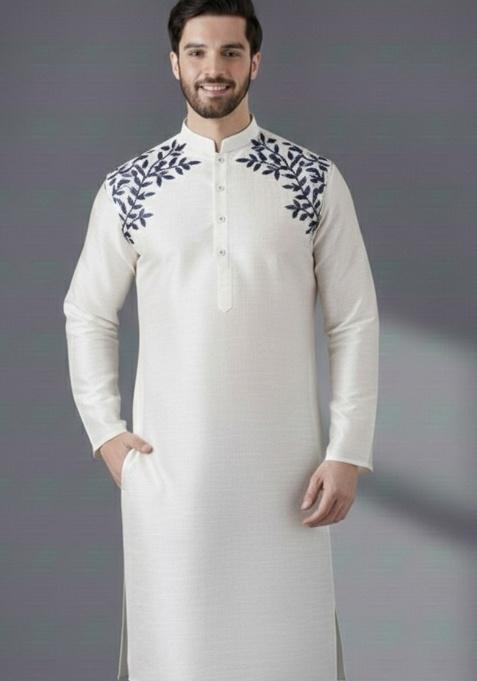 White Embroidery Silk Kurta For Men